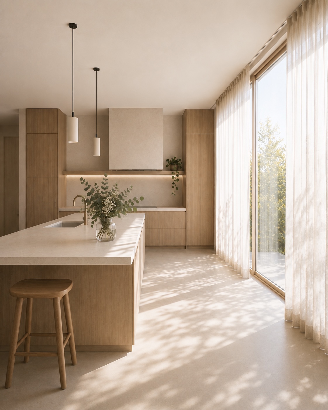 Offene Küche mit Naturholz und sanftem Gegenlicht